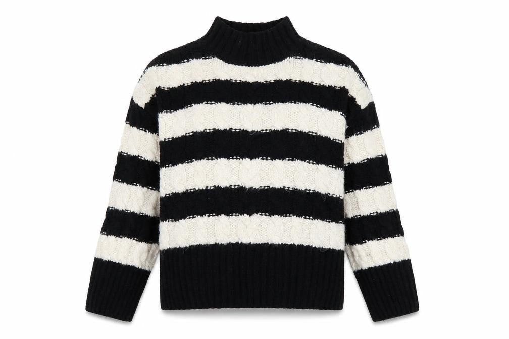 Stradivarius Women's Black White Striped High Neck Knit Jumper S