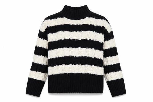Stradivarius Women's Black White Striped High Neck Knit Jumper S