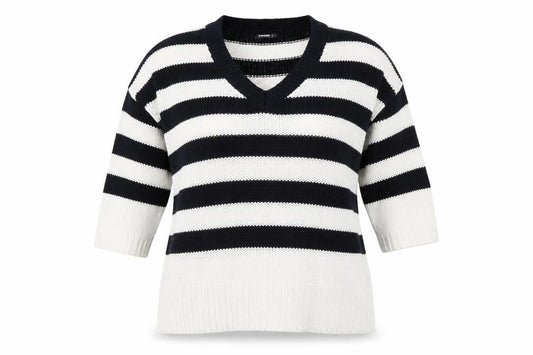 Roman Women’s Navy Stripe V-Neck Knit Jumper Size 14 Relaxed Fit