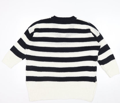 Roman Women’s Navy Stripe V-Neck Knit Jumper Size 14 Relaxed Fit