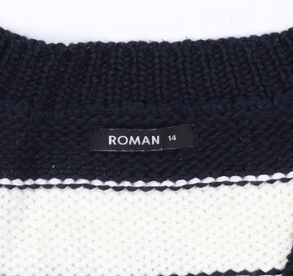 Roman Women’s Navy Stripe V-Neck Knit Jumper Size 14 Relaxed Fit