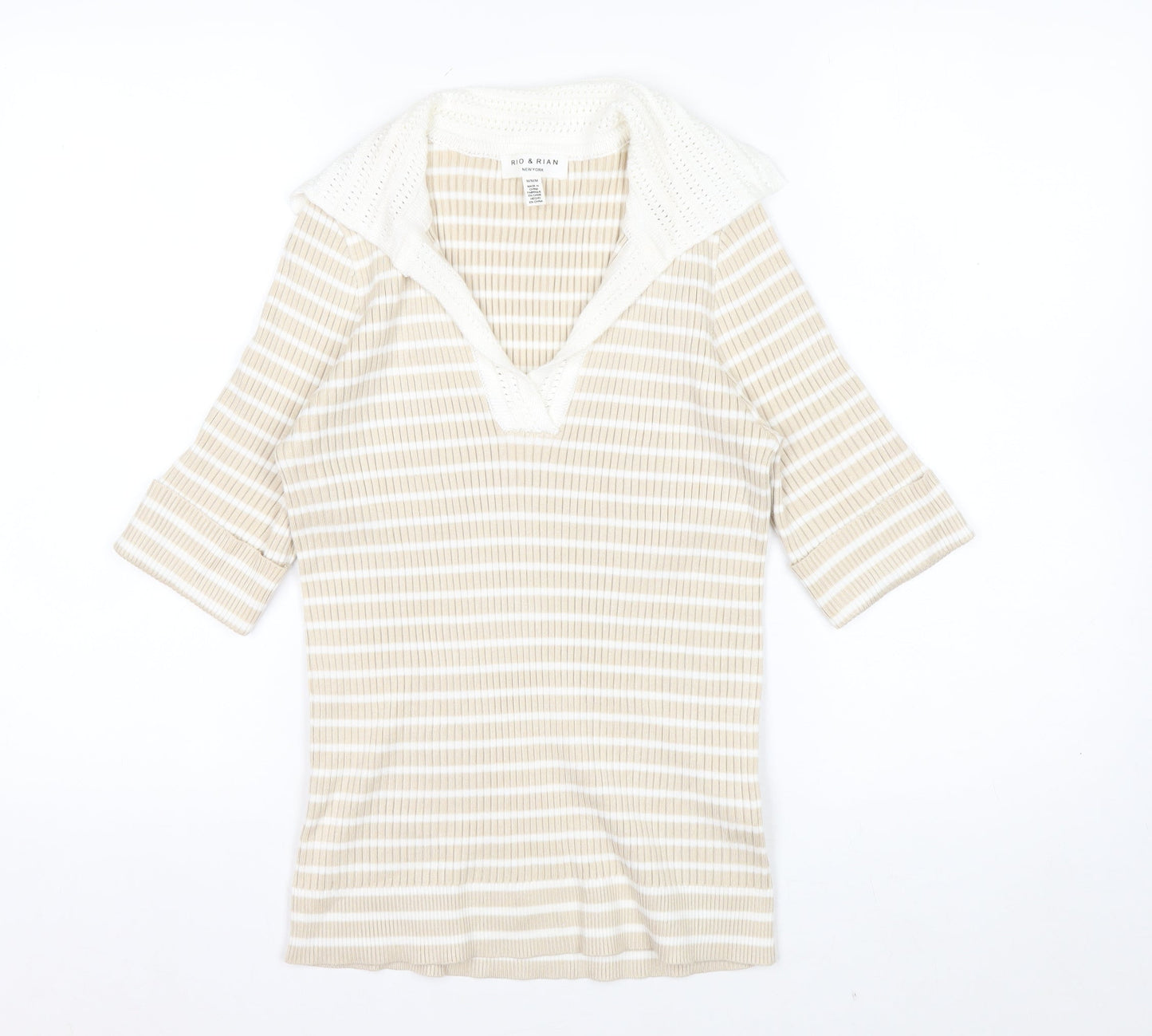 Rio & Rian Women's Beige Striped V-Neck Knit 3/4 Sleeve Top M