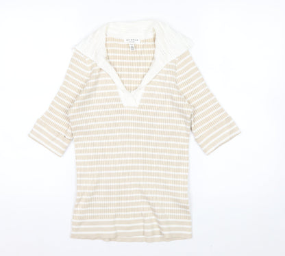 Rio & Rian Women's Beige Striped V-Neck Knit 3/4 Sleeve Top M