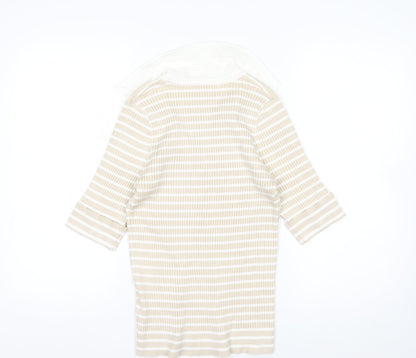Rio & Rian Women's Beige Striped V-Neck Knit 3/4 Sleeve Top M