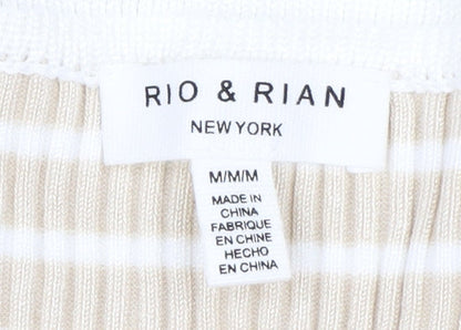 Rio & Rian Women's Beige Striped V-Neck Knit 3/4 Sleeve Top M