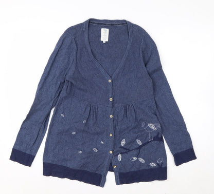 Monsoon Women’s Blue Embroidered Bird Cotton Wool V-Neck Cardigan Size 12