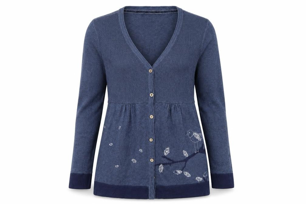 Monsoon Women’s Blue Embroidered Bird Cotton Wool V-Neck Cardigan Size 12