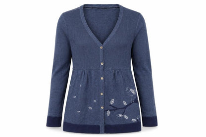 Monsoon Women’s Blue Embroidered Bird Cotton Wool V-Neck Cardigan Size 12