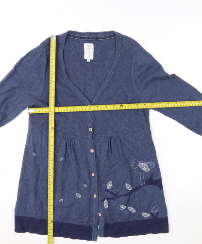 Monsoon Women’s Blue Embroidered Bird Cotton Wool V-Neck Cardigan Size 12