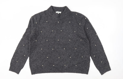 Warehouse Womens Grey Beaded Mock Neck Knit Jumper Size 12