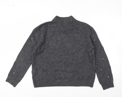 Warehouse Womens Grey Beaded Mock Neck Knit Jumper Size 12