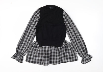 New Look Women's Black Check Tunic Blouse Size 8 Long Sleeve