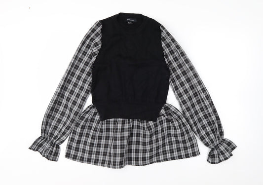 New Look Women's Black Check Tunic Blouse Size 8 Long Sleeve