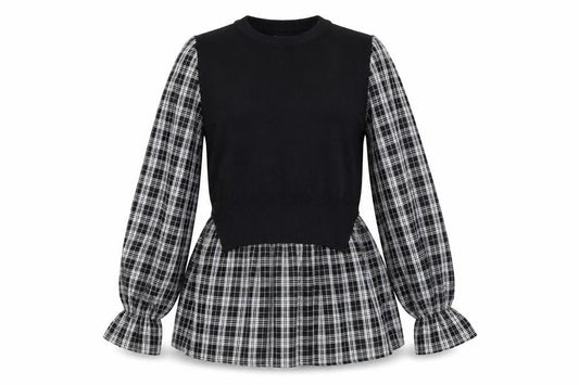 New Look Women's Black Check Tunic Blouse Size 8 Long Sleeve