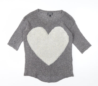 Next Womens Grey Heart Knit Jumper Size 8 Cotton Blend 3/4 Sleeve