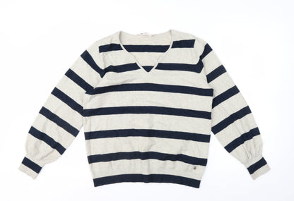 Cream Women's Beige Navy Striped V-Neck Pullover Jumper Size M