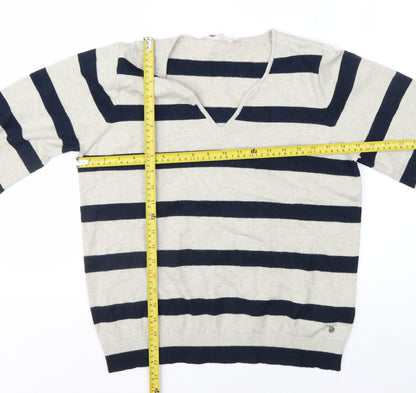 Cream Women's Beige Navy Striped V-Neck Pullover Jumper Size M