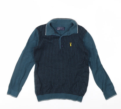 Next Boys Blue Long Sleeve Cotton Polo Shirt 8 Years Geometric Pattern