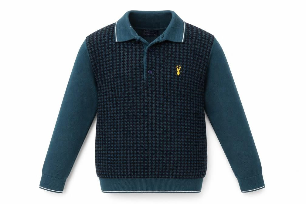 Next Boys Blue Long Sleeve Cotton Polo Shirt 8 Years Geometric Pattern