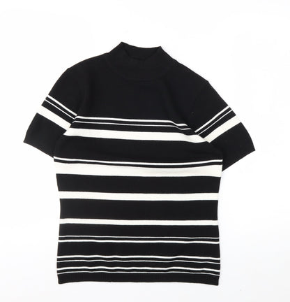 Essentials Women's Black Striped Mock Neck Short Sleeve Knit Top Size 10-12