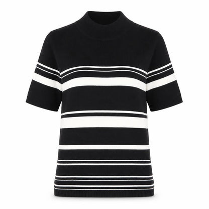 Essentials Women's Black Striped Mock Neck Short Sleeve Knit Top Size 10-12
