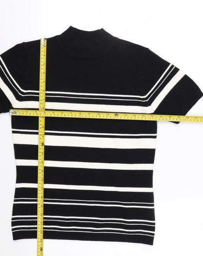 Essentials Women's Black Striped Mock Neck Short Sleeve Knit Top Size 10-12