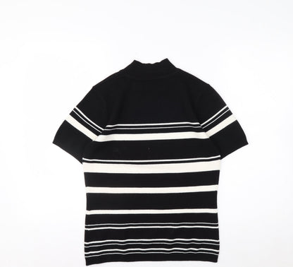 Essentials Women's Black Striped Mock Neck Short Sleeve Knit Top Size 10-12