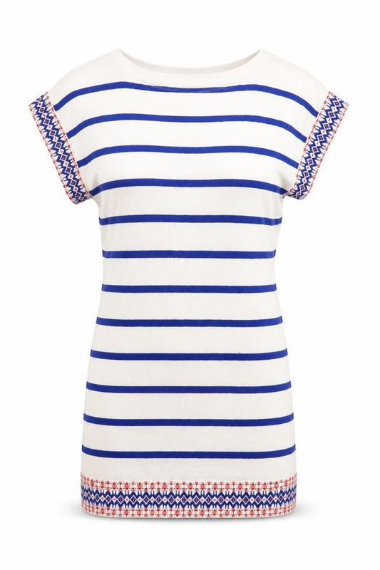 Warehouse Women White Blue Striped Knit Jumper UK 10 Cotton Short Sleeve