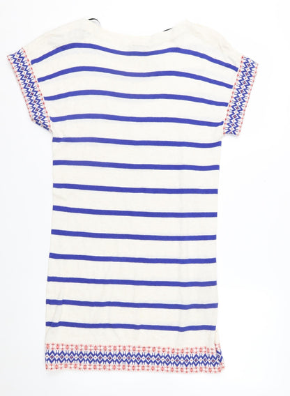 Warehouse Women White Blue Striped Knit Jumper UK 10 Cotton Short Sleeve