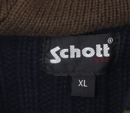 Schott NYC Men's Blue XL Full Zip Hooded Cotton Jumper