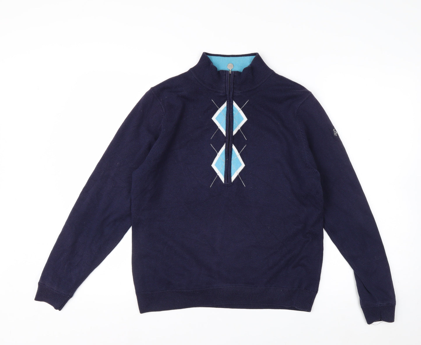 Green Lamb Women's Blue Argyle 1/2 Zip Knit Jumper Size 14