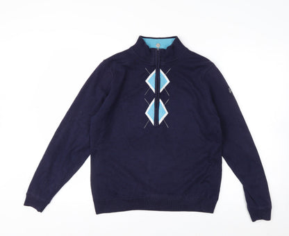 Green Lamb Women's Blue Argyle 1/2 Zip Knit Jumper Size 14