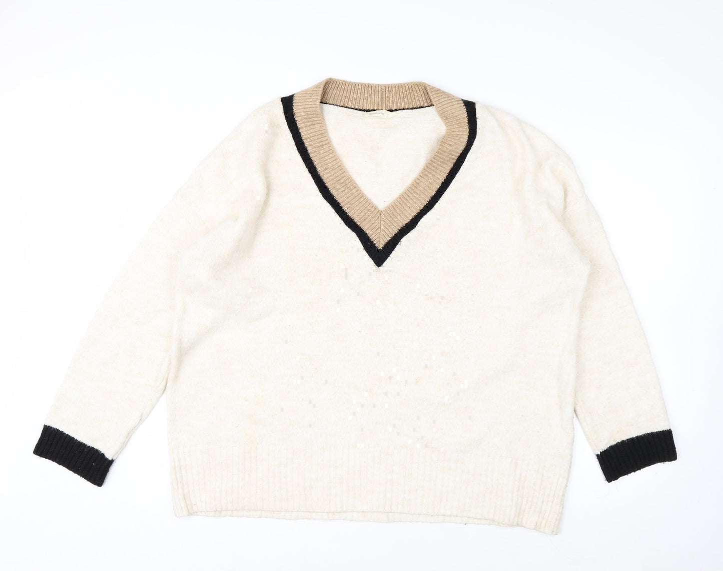 Stradivarius Women’s Ivory V-Neck Alpaca Wool Blend Jumper Size S