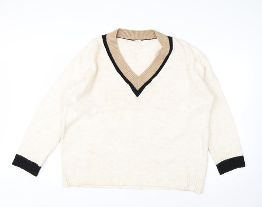 Stradivarius Women’s Ivory V-Neck Alpaca Wool Blend Jumper Size S