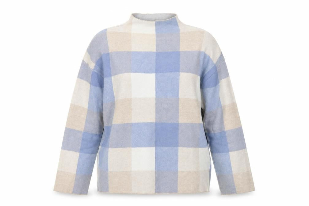 Tahari Women Blue Check Mock Neck Long Sleeve Pullover Jumper Size L