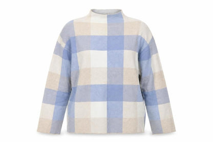 Tahari Women Blue Check Mock Neck Long Sleeve Pullover Jumper Size L