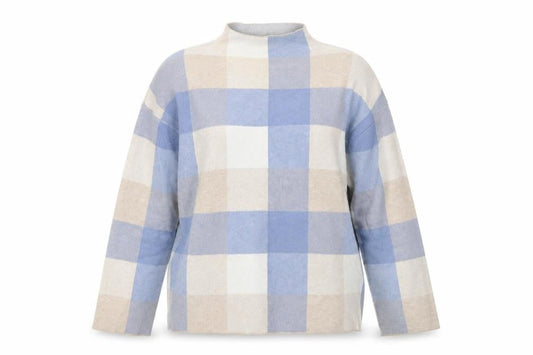 Tahari Women Blue Check Mock Neck Long Sleeve Pullover Jumper Size L
