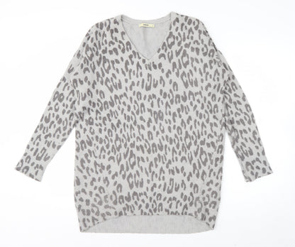 Oasis Women's Grey Animal Print V-Neck Knit Jumper Size S