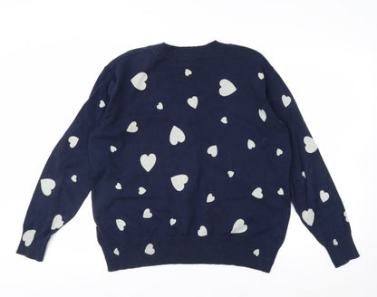 Marks and Spencer Women's Blue Heart V-Neck Cotton Jumper M