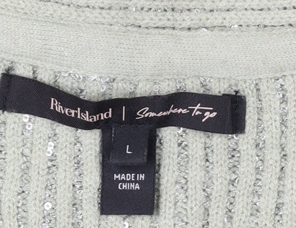 River Island Womens Silver L Cardigan Sequin Knit Long Sleeve