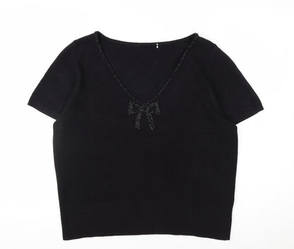 Marks and Spencer Women's Black V-Neck Short Sleeve Acrylic Bow Jumper Size 18