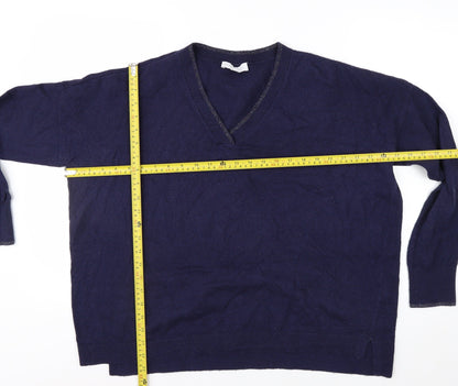 The White Company Women Navy Blue V-Neck Cotton Blend Jumper Size 16