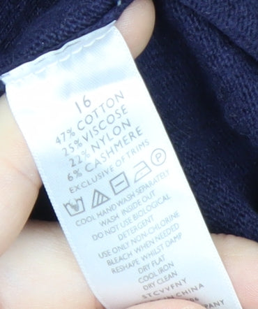 The White Company Women Navy Blue V-Neck Cotton Blend Jumper Size 16