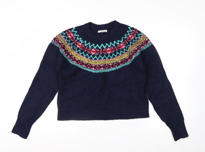 Pull & Bear Women's Blue Fair Isle Crew Neck Jumper Size 8