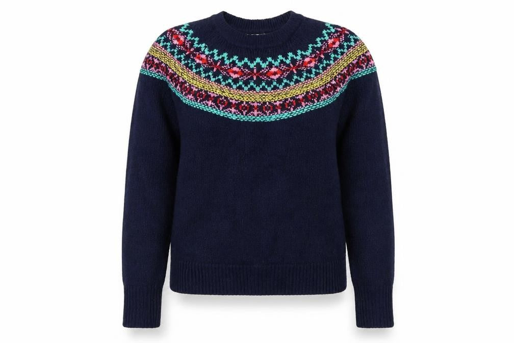 Pull & Bear Women's Blue Fair Isle Crew Neck Jumper Size 8