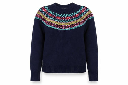 Pull & Bear Women's Blue Fair Isle Crew Neck Jumper Size 8