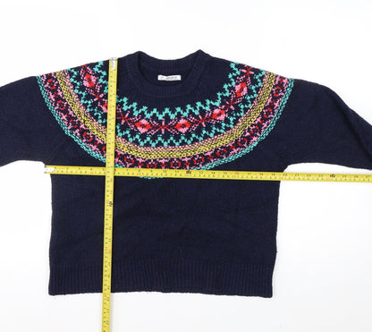 Pull & Bear Women's Blue Fair Isle Crew Neck Jumper Size 8