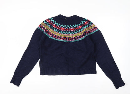 Pull & Bear Women's Blue Fair Isle Crew Neck Jumper Size 8