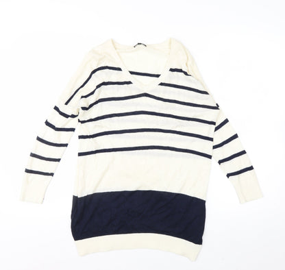 Warehouse Women’s Ivory Navy Striped V-Neck Knit Jumper Size 10