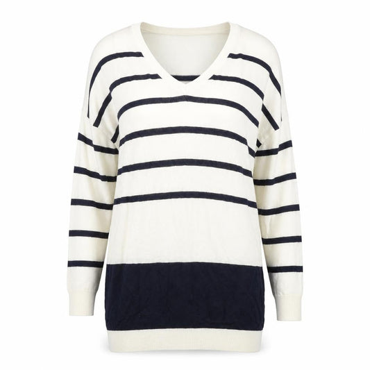 Warehouse Women’s Ivory Navy Striped V-Neck Knit Jumper Size 10